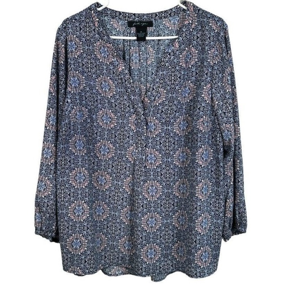 Faith & Zoe Women 1X Navy Pink Medallion Print Split Neck Long Sleeve Blouse